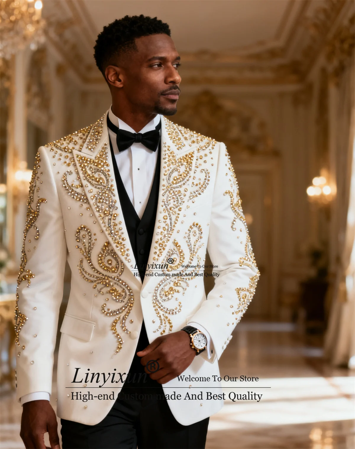 Last Style Men Suits 3 Pieces Sets Groom Tuxedos Sparkly Diamond Wedding Party Ropa Blazer Customized Slim Fit Costume Homme