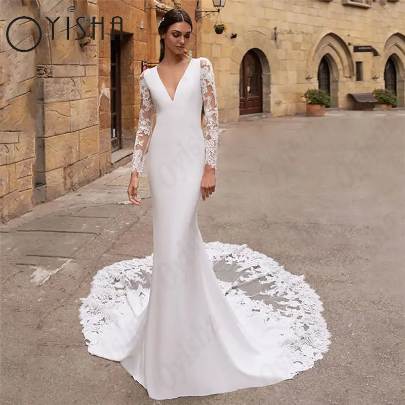 OYISHA V-Neck Mermaid Wedding Dresses Classic Full Sleeves Satin Appliques White Bridal Gowns Lace Exquisite Vestido De Mariages