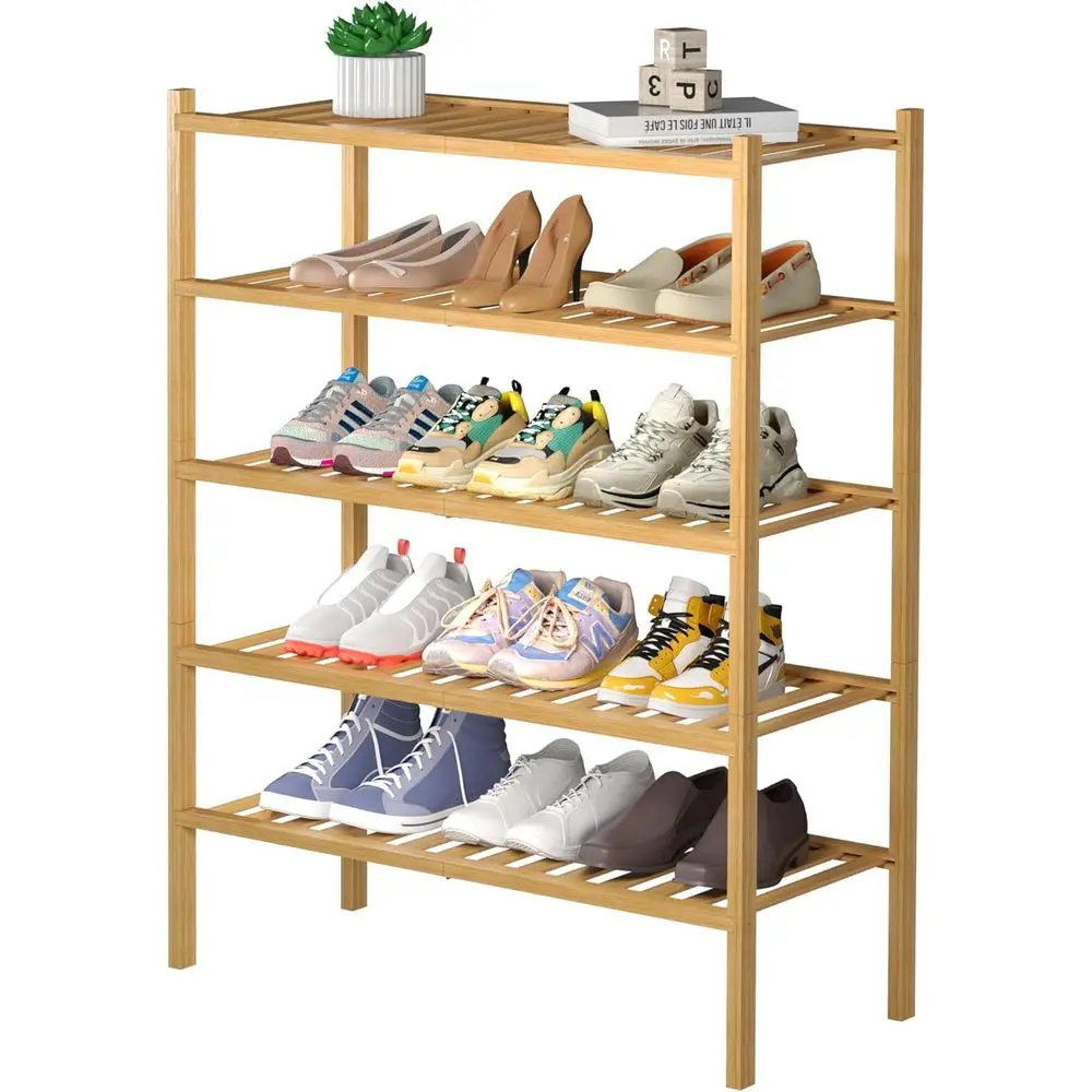 

5 Tier Bamboo Shoe Rack or Closet Standing Wood Shoe Shelf for Entryway Small Space Stackable 27x11x33 (Natural)