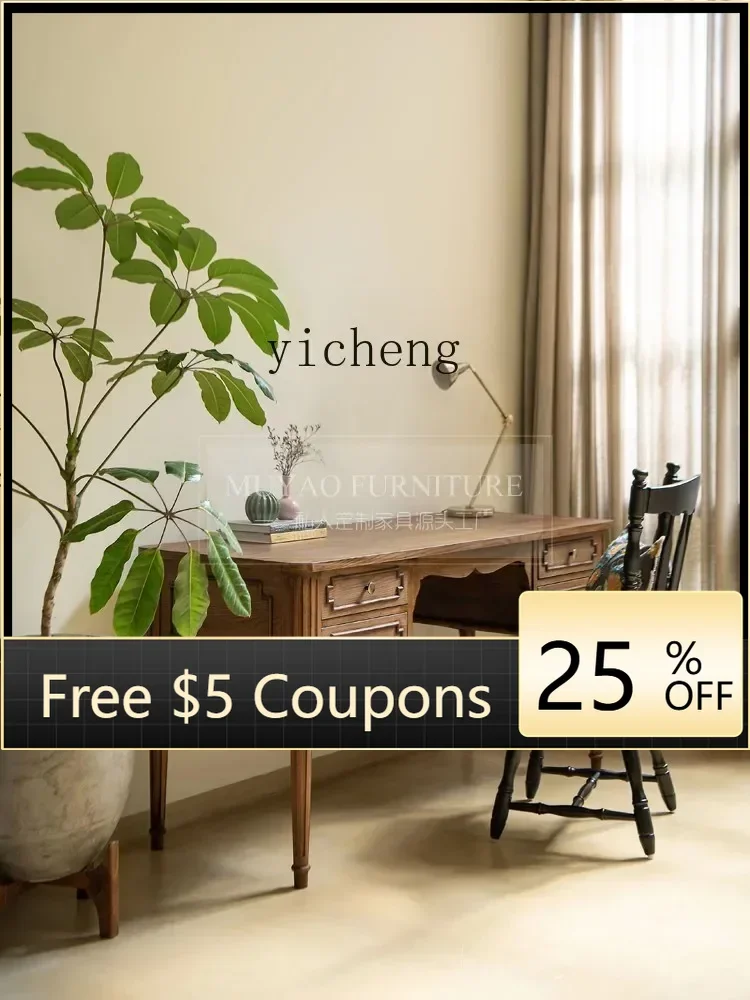 

LYY Solid Wood Desk Computer Desk French Retro Writing Desk Home Black Office Table