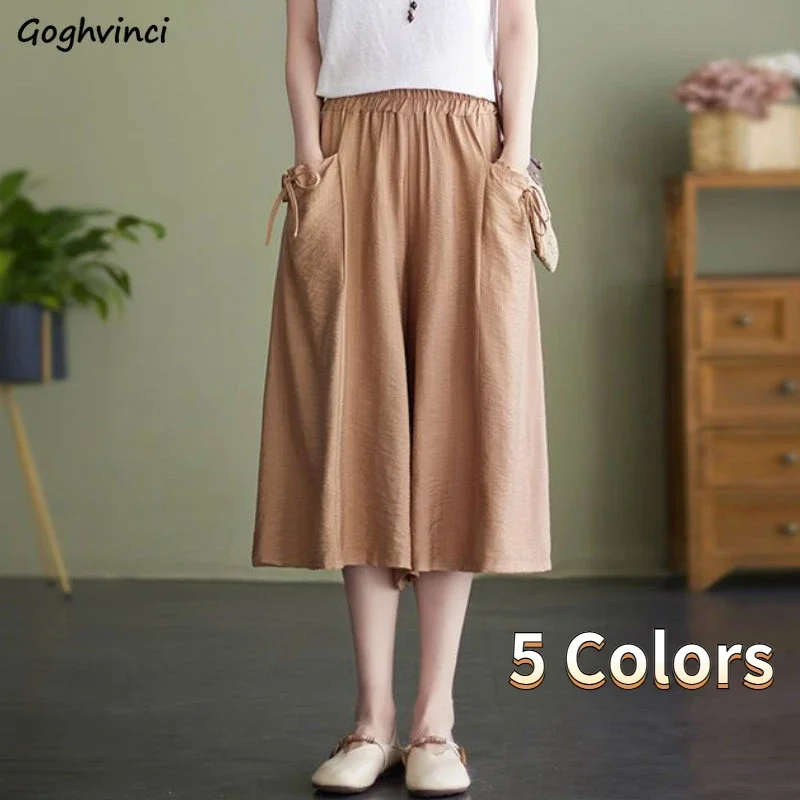 L-3XL Wide Leg Pants Women Solid Summer Baggy Fashion Vintage Ladies Elegant All-match Leisure Korean Style Daily Calf-length