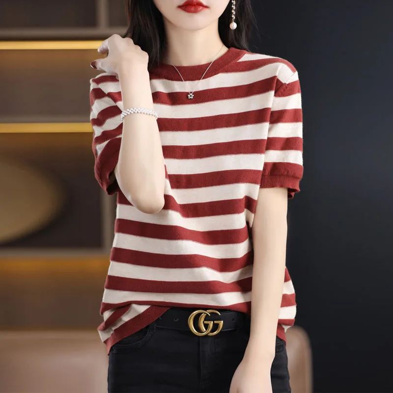 

Knitted Sweater Women Pullovers New Short Sleeve Striped Sueter Feminino O-Neck Knit Sweater Pullover Women Tops Knitwears Q3418