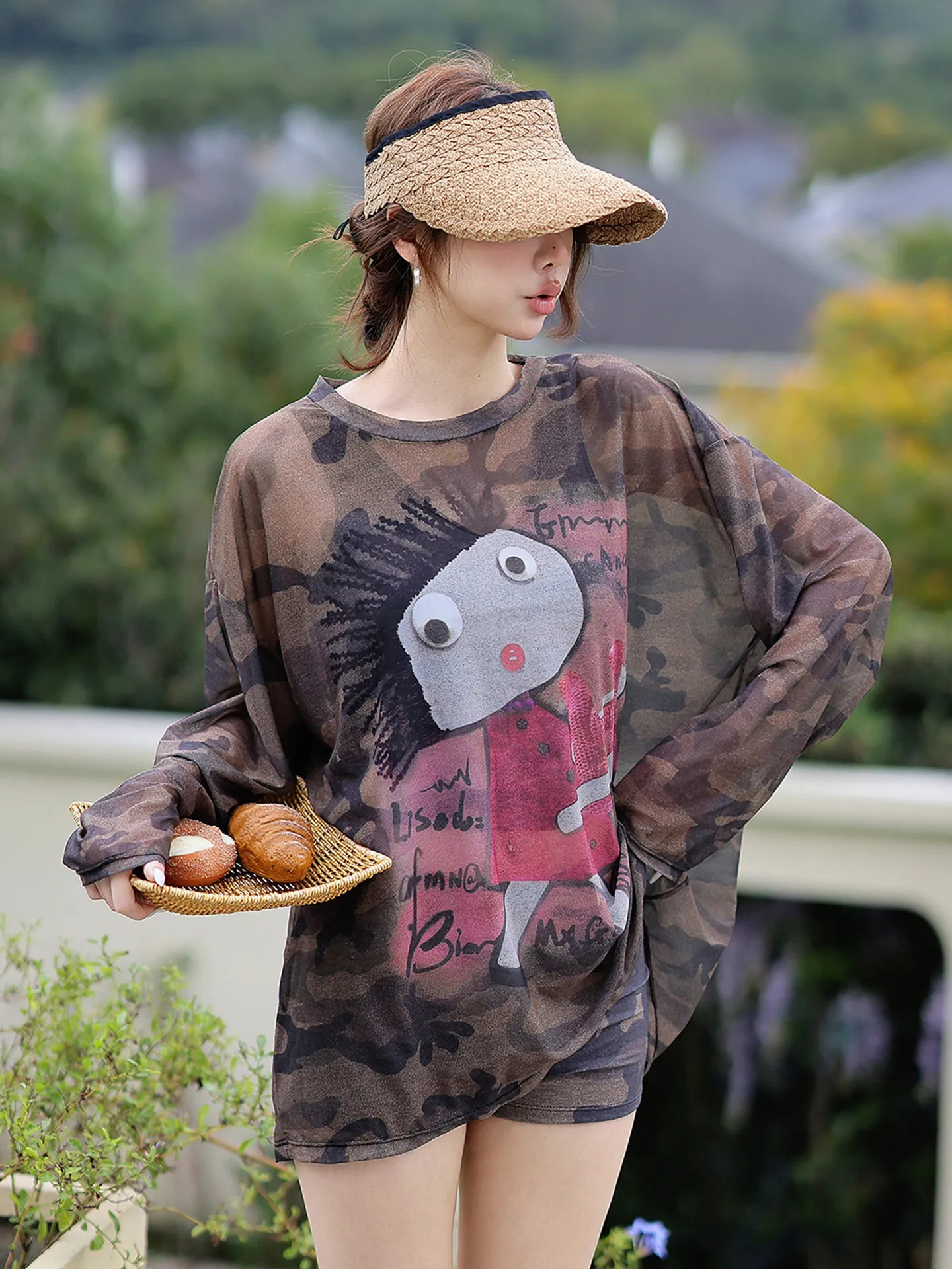 

Long Sleeve Conservative Separate Slimming Thermal Spa Swimsuit Women's Camouflage Cartoon Three Piece Set round Neck Nylon S...