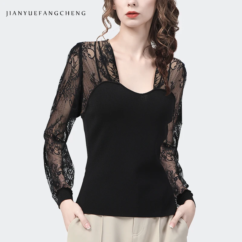 Lace Top Women Long Sleeve Square Neck Black Slim Knitted Shirt Sexy Hollow Out See Through Autumn Winter Bottoming Shirt