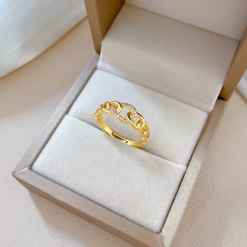 2024 Stainless Steel Luxury Zircon Chain Link Rings For Women\'s Adjustable Jewelry Finger Gold Plated No-Fading Birthday Gift