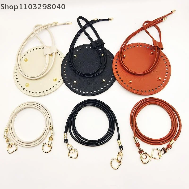 Set of 3 DIY Round PU Leather Crochet Woven Bags with Durable Solid Color Bottom Base – Handmade Drawstring Bag Accessories