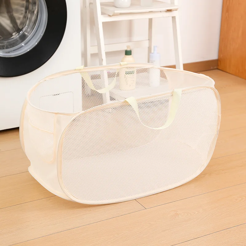 Pop-up Collapsible Mesh Laundry Hamper Double Compartment Reinforced Handles Breathable Bathroom Dorm Gym Home Organizers
