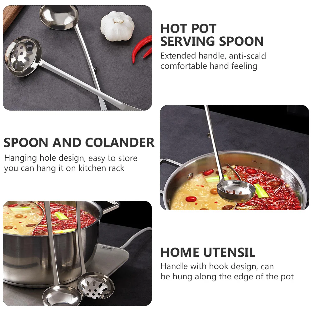 1 Set Stainless Steel Hot Pot Colander and Spoon with Hook Home Utensil (Silver) Hotpot Spoon and Colander