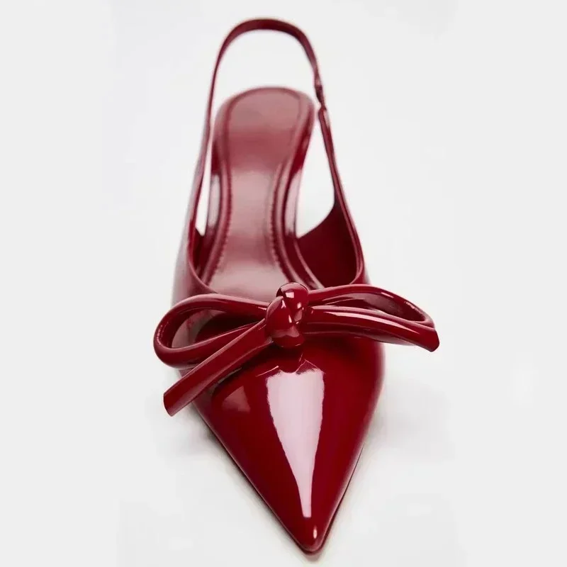 

Luxury Designer Red Bow High Heels Women Summer Sexy Pointed Toe Patent Leather Women Pumps Elegant Slingback Heeled Sandals