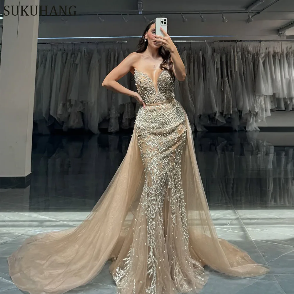 

SUKUHANG Luxury Dubai Evening Dress with Overskirt Sweetheart Champagne Beaded Pearls Women Wedding Party Gown Customized