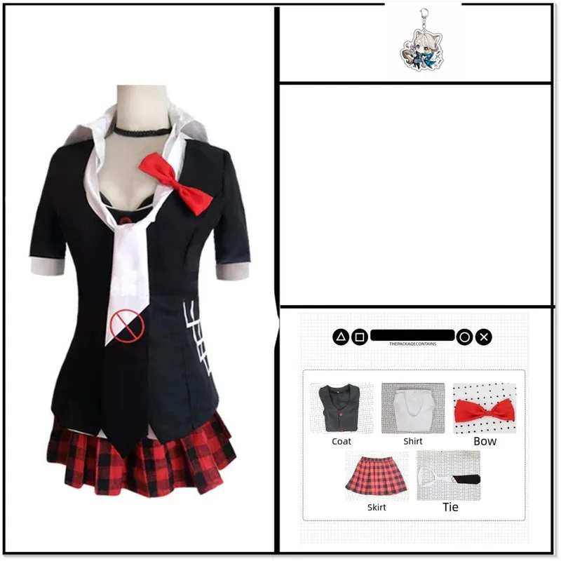 Disfraz de Anime Danganronpa, uniforme Enoshima Junko, ropa de trabajo de cafetería, Falda corta, peluca trenzada de doble cola; 6'x, 9;y'