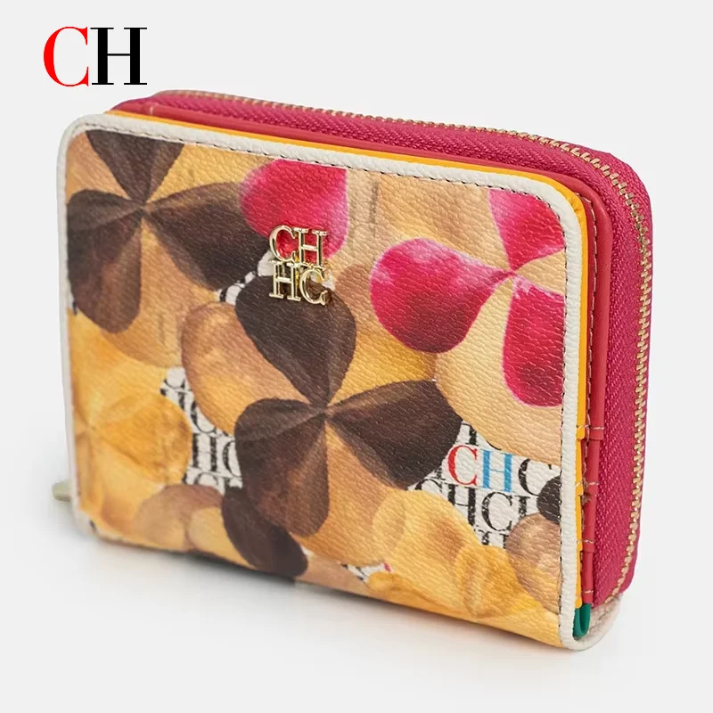 CH Luxury Print Short Wallet for Women Geometric Color Block Zipper Multi Card Slots Mini Ladies Billfold Card Holder Portable