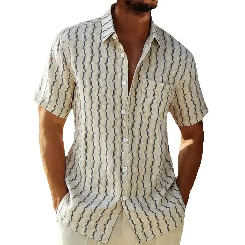 Men's Summer Fashion Knitted Fish Scale Striped Short Sleeve Hawaiian Shirt Casual Pocket Beach Holiday Shirts Mens Clothing