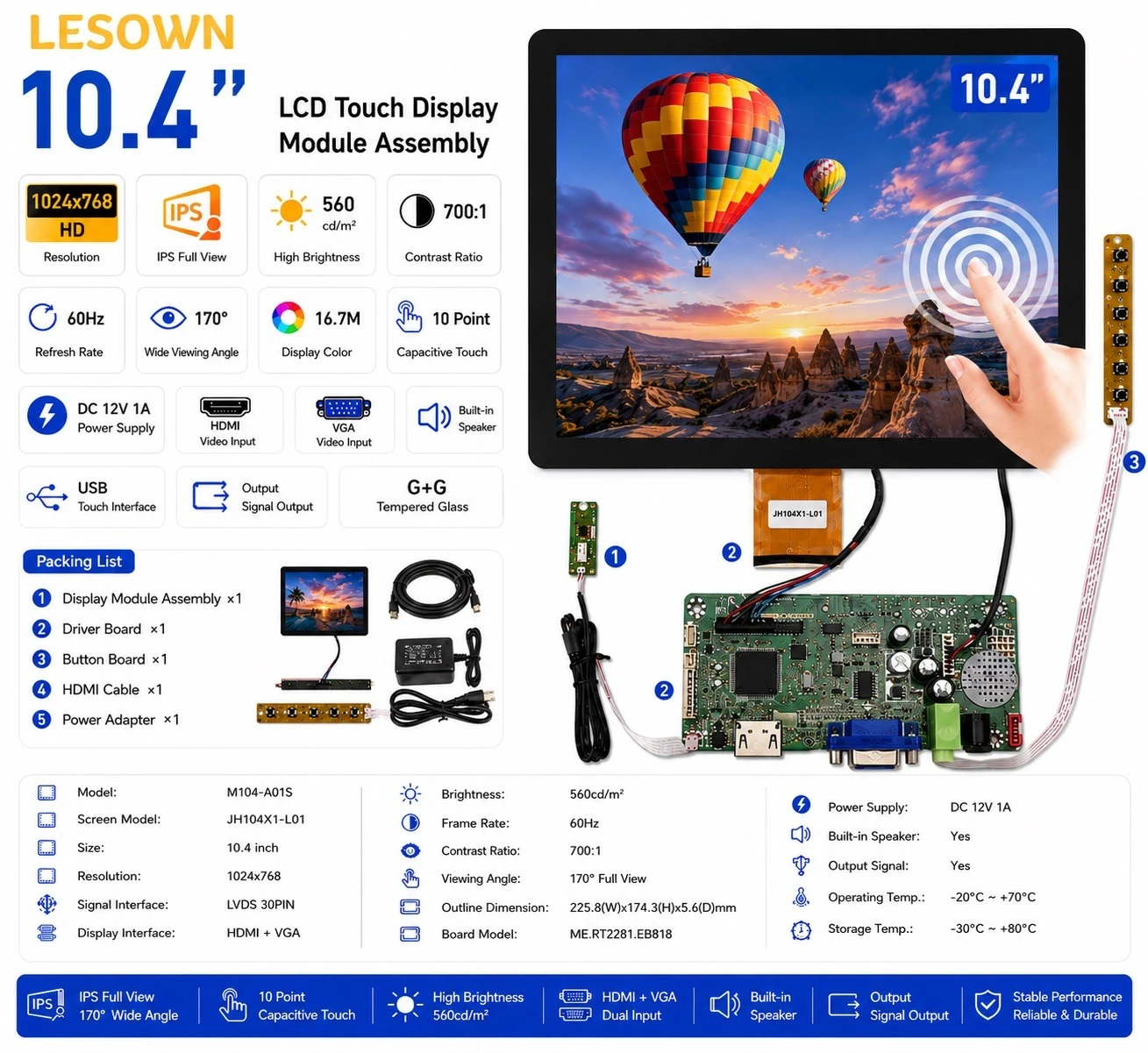 LESOWN 10.4 inch Full View Panel Instant Setup Monitor Matrix with DC12V 1A Power Supply