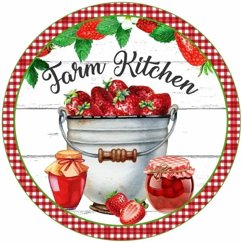 Metal Round Tin Signs Strawberry Sign Wreath Attachment Strawberry Kitchen Decoration Artwork Signs For Home Novelty Metal Tin S