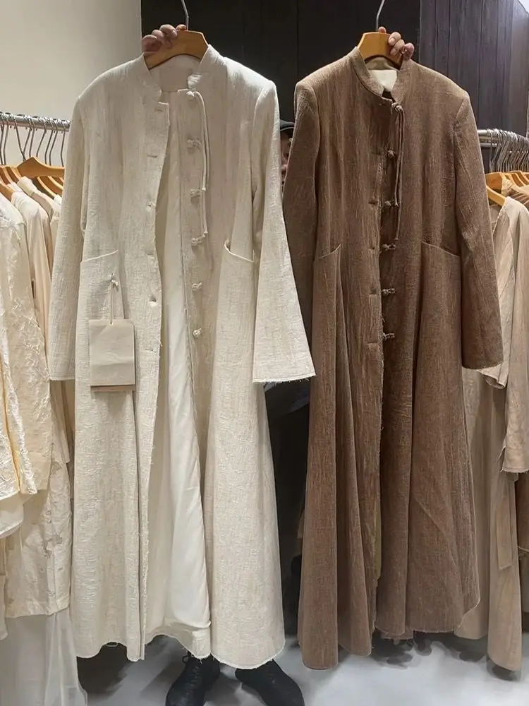 

Chinese Style Retro Button Cotton and Linen Long Dress Women 2025 New Autumn Design Unique Casual Long Female Dresses