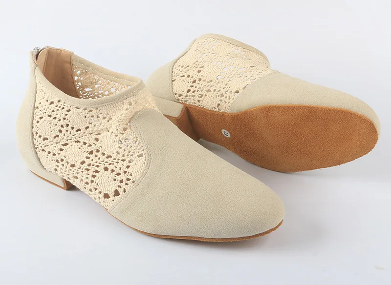 Venus attira stivali da ballo beige morbidi in pelle scamosciata con rete di pizzo salsa latina sala da ballo scarpe da ballo comode stivaletti per le donne