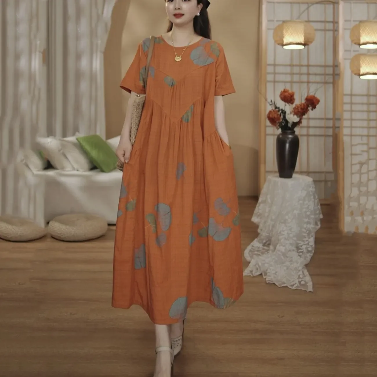 

Orange Leaf Print Loose A-Line Midi Dress with V Neck Short Sleeve Empire Waist Bohemian Style Summer Women Dress