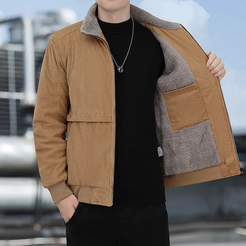 Winter Corduroy Fleece Jacket Men's Trendy Classic Thick Plush Comfortable Warm Parka Casual Outdoor Cold-proof Lamb Fleece Coat