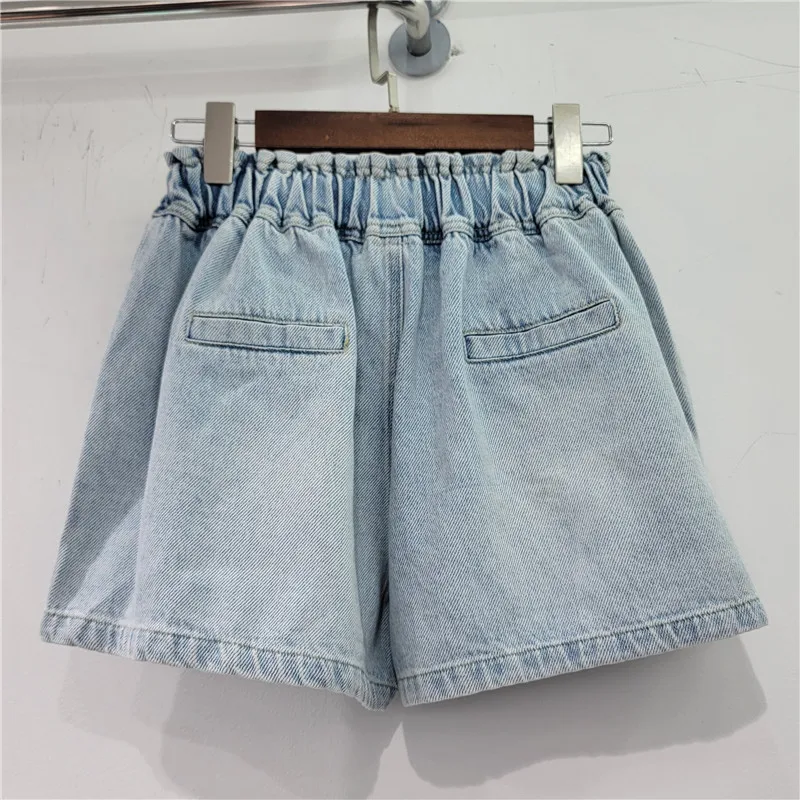 2024 Summer New High Waist Denim Shorts Women Streetwear Drawstring Handmade flowers Set With Diamonds Wide Leg Short Pants