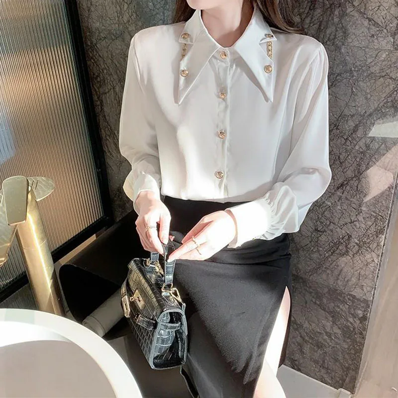 

2022 Spring Autumn New Pattern Button Stand Collar Design Long Sleeve Shirt Women Temperament Korean Chiffon Upper Outer Garment