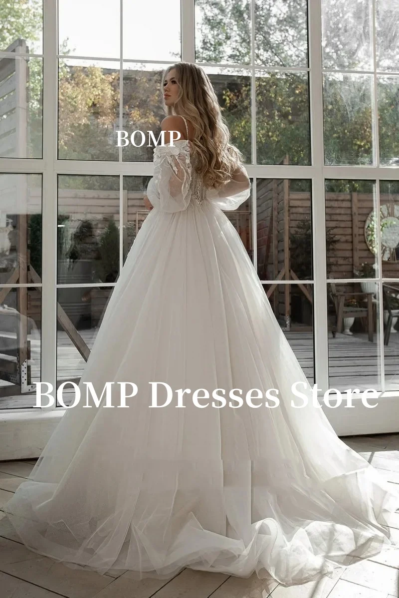 BOMP 웨딩 드레스 퍼프 슬리브 아플리케 레이스 3D 꽃 오프 어깨 Tulle 신부 가운 Customized vestidosdenovia