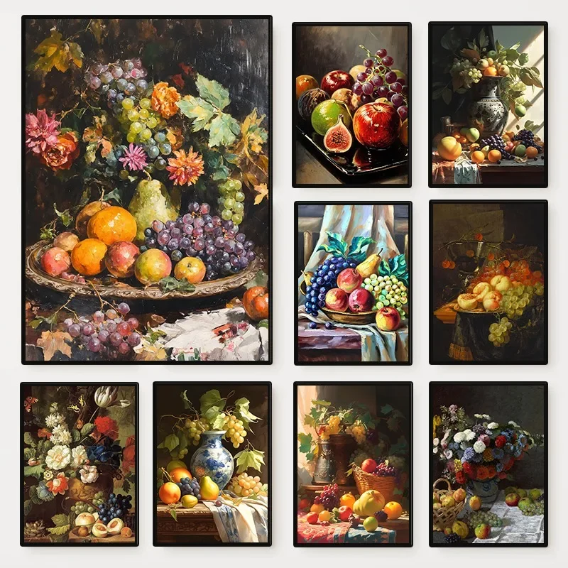 1pc frameless canvas painting  Vintage Still Life with Flowers and Fruit Poster Print Variety of Fruits Canvas Painting Wall A