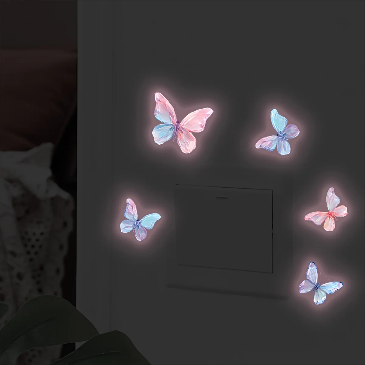5-Pack Luminous Pink Butterfly Wall Stickers, Self-Adhesive Removable PVC Decor Decals.