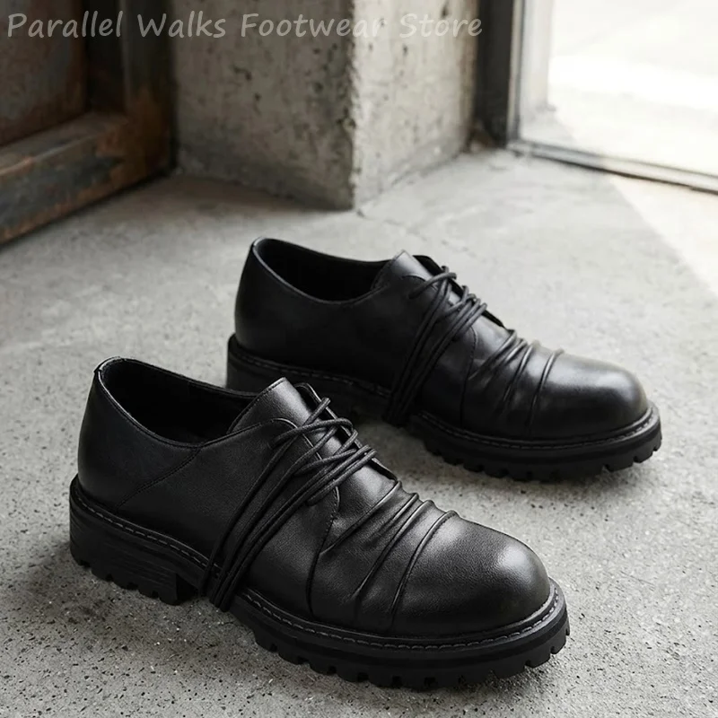 Men Vintage Pleated Lace Up Derby Shoes Heavy Lug Sole Round Toe Dress Oxfords Smart Gothic Punk Casual Footwear Walking Shoes