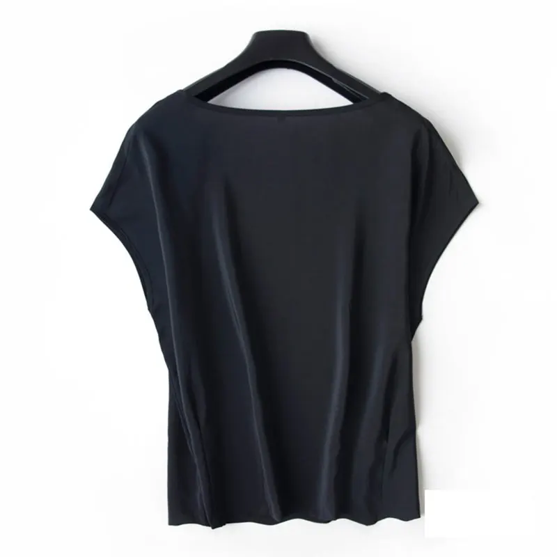 Women Silk T-shirt 100% Mulberry Silk Basic Type Solid Black Short Sleeve Top Pullover Blouse XL XXL MM911