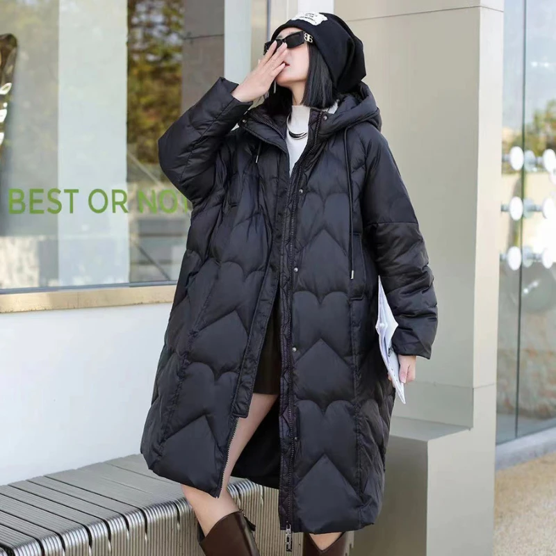 Winter 90 White Duck Down Women\'s Down Jacket Long Hooded Down Jacket 2023 New Loose Warm Casual Winter Snow Women\'s Coat Parka