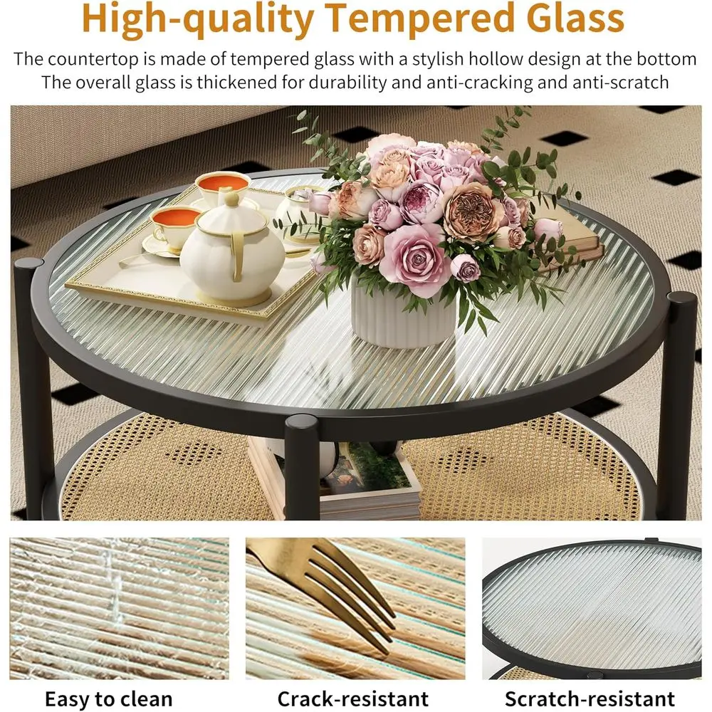 32 طاولة قهوة ريفية بوهو راتان مع سطح من الزجاج المقسى، لهجة تخزين من الخشب الصلب لغرفة المعيشة