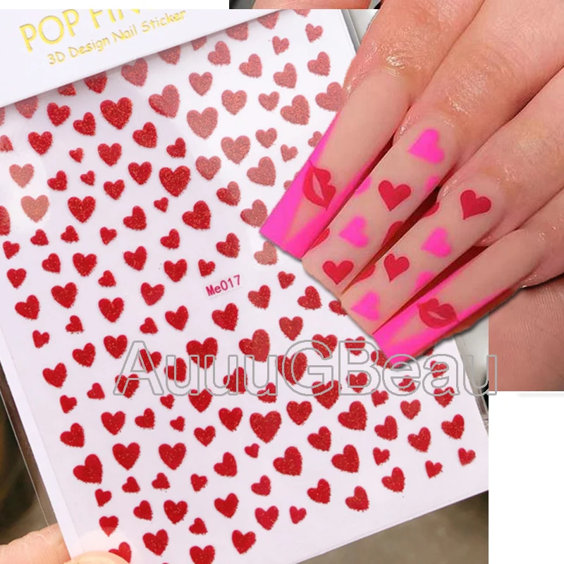 Nail Art 3d Stickers Valentine Day Shine Glitters Red Rosepink Love Hearts Adhesive Sliders Decals Decorated Nail Manicures