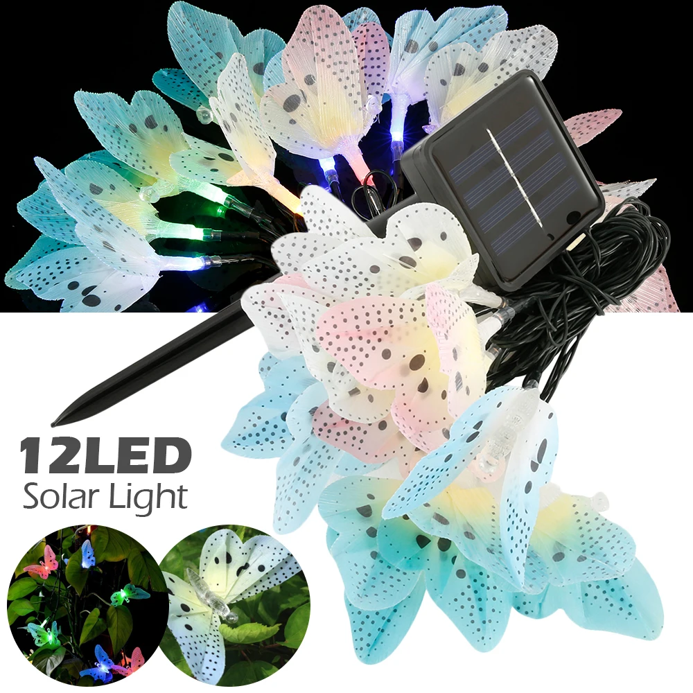 12 LED Solar Butterfly Lamp String Optical Fiber Optic Fairy Light Waterproof Christmas Outdoor Garden Holiday Decoration