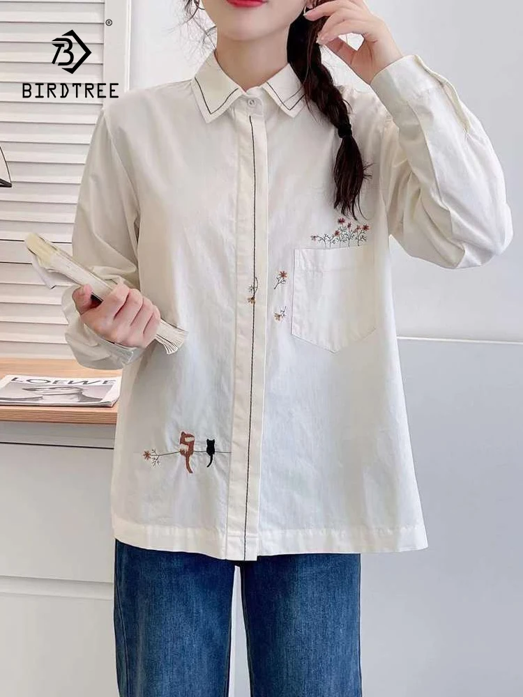 

Новинка 2025, осенняя хлопковая рубашка с длинными рукавами, женская рубашка с отложным воротником и вышивкой, шикарная свободная блузка Mori Girl Age Reduction T59479CC