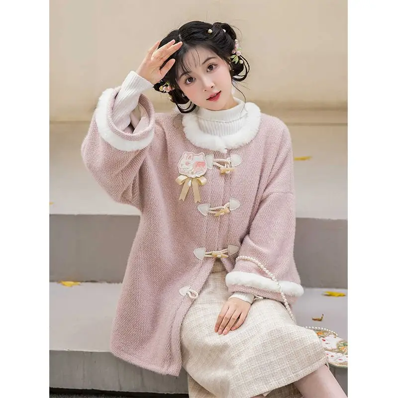 Winter Kawaii Embroidered Coat Women Loose Japanese Sweet Lolita Outwear Jacket Warm Cute Roung Neck Overcoat