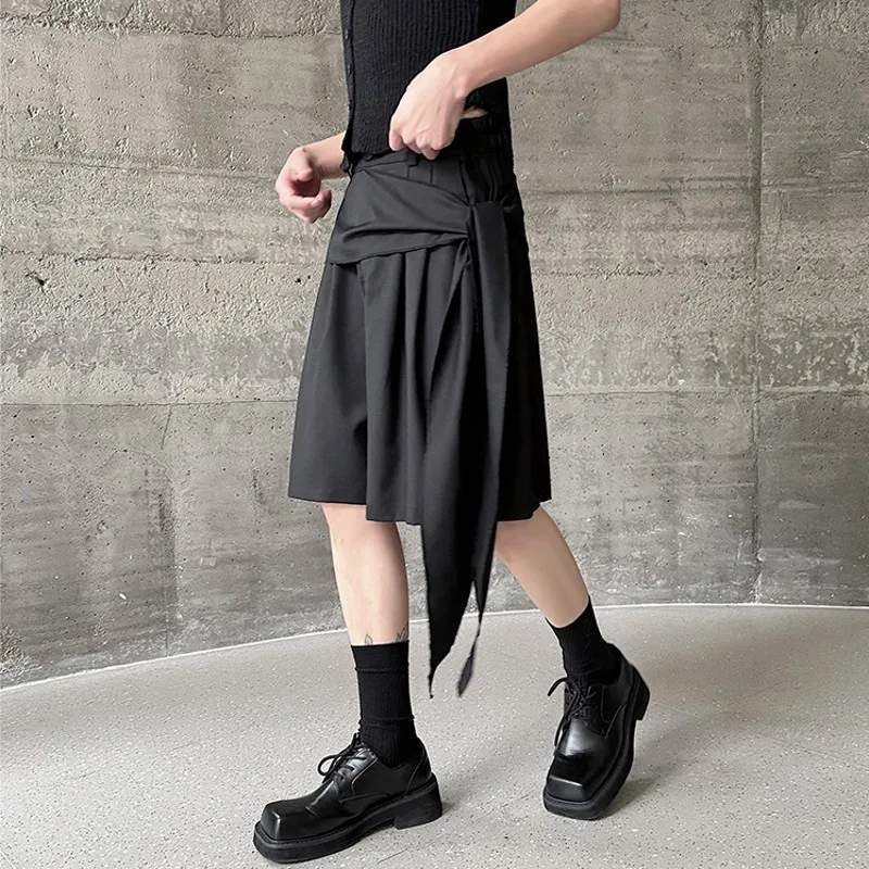 Fashion Men's Wide Leg Shorts Irregular Ribbons High Waist Hip Hop Oversized Short Pants