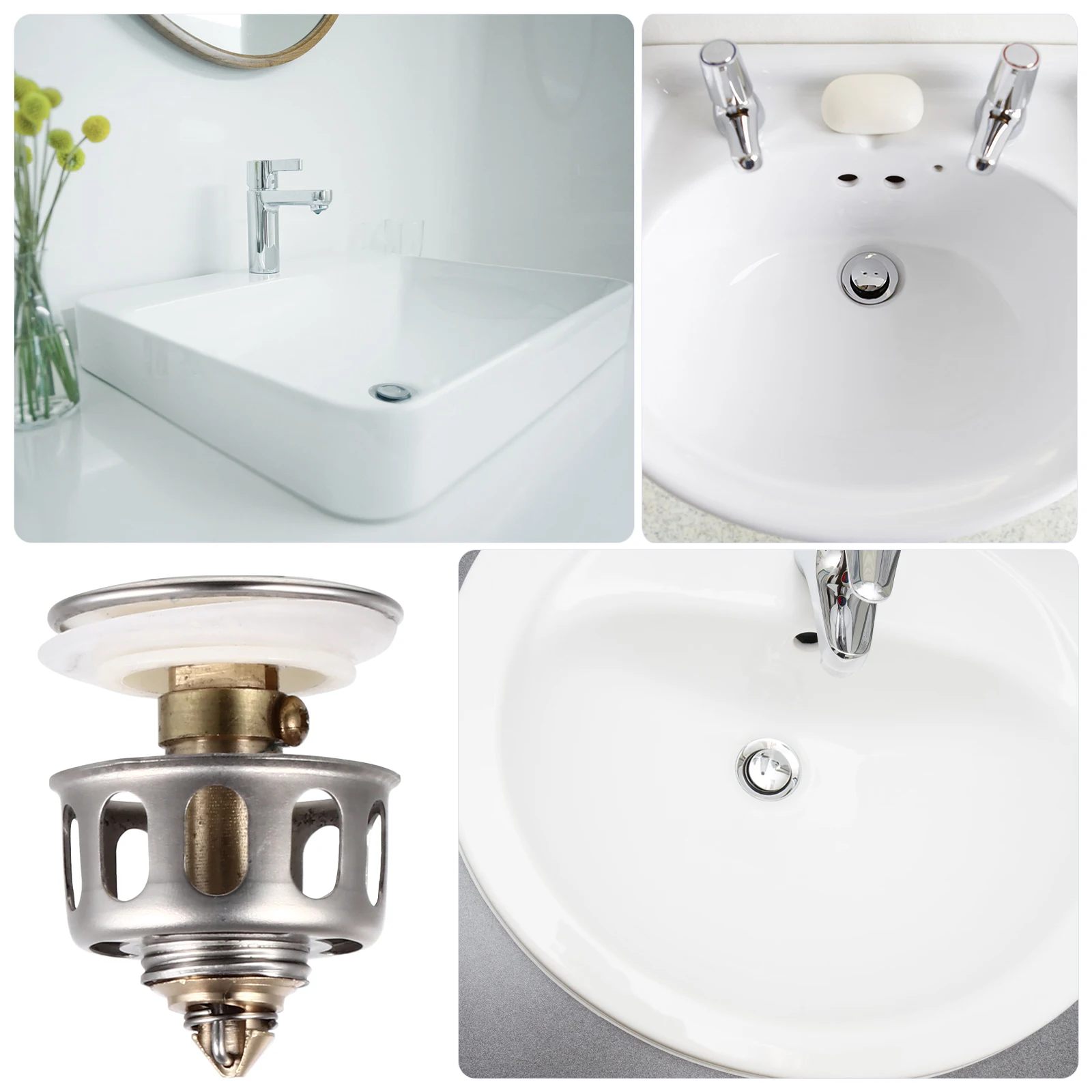 

2pcs Drain Stopper Bathroom Strainer Kitchen Accessories No Overflow Bounce Core Stainless Steel Basket Set Easy Installation