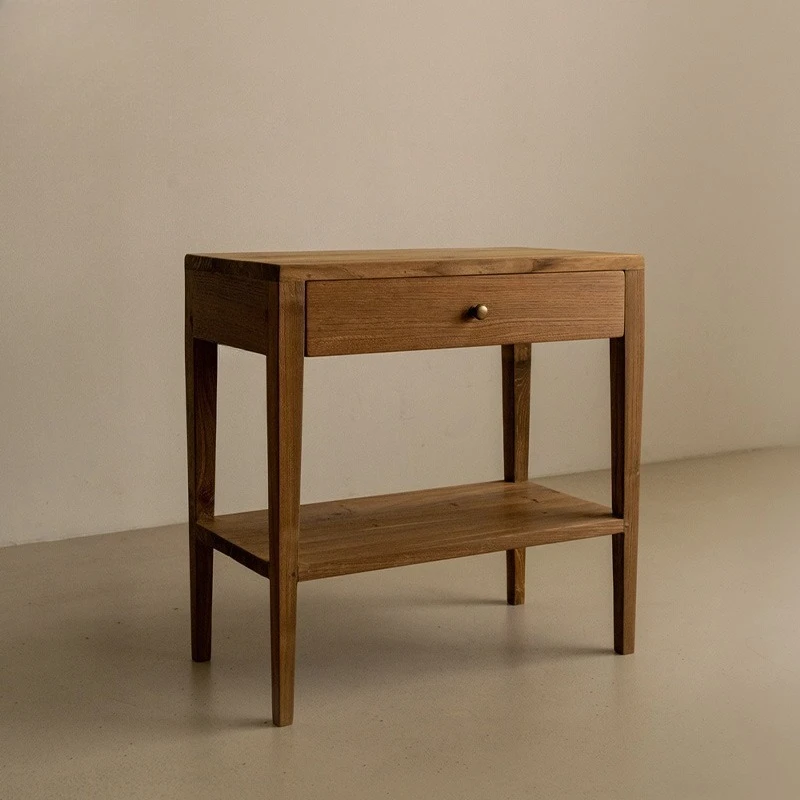 Modern Wabi-Sabi Style Simple Solid Wood Nightstand, Japanese Vintage Style Bedroom Bedside Cabinet