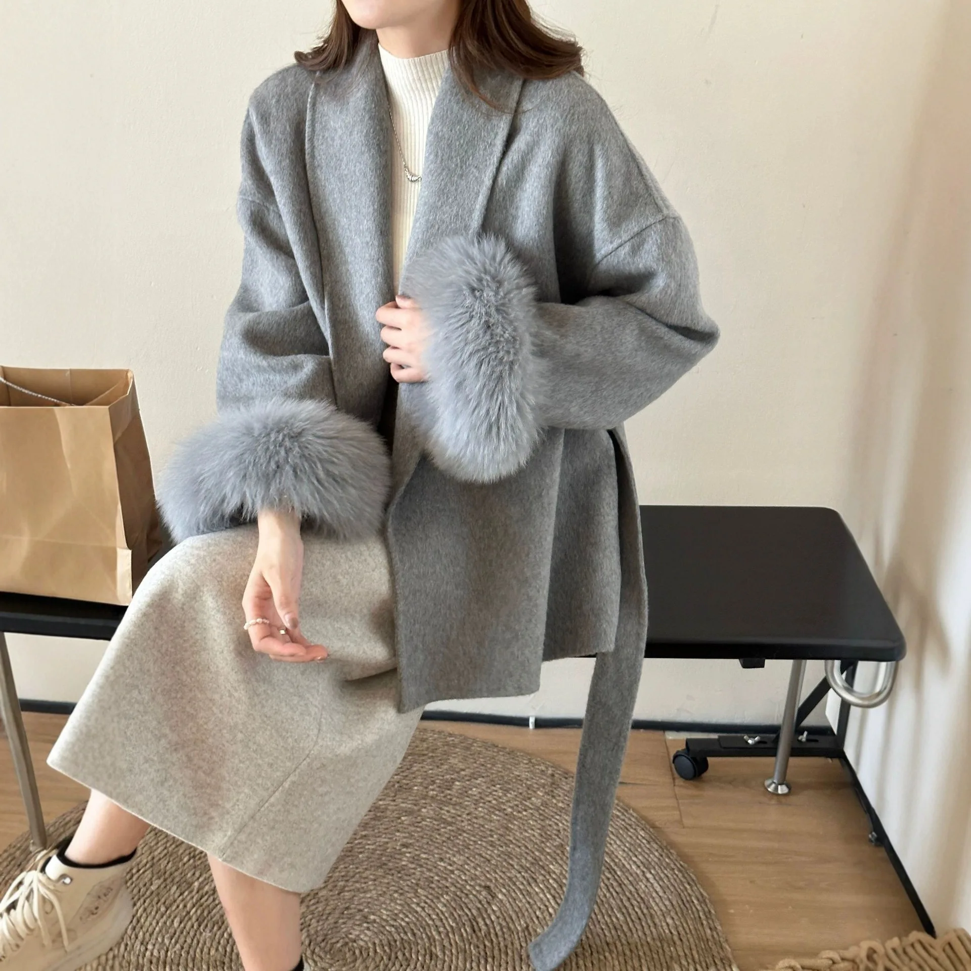 معطف فرو الثعلب الراقية الدانتيل متابعة الأخضر الفاكهة طوق مزاجه الوجهين الصوف سترة الصوفية المرأة الجديدة الخريف الشتاء ماو ماو #2