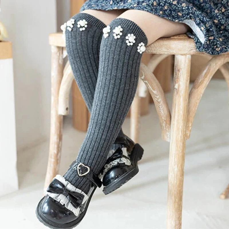 Retro Vertical Striped Knee High Socks For Cute Girls Faux Pearl Beaded Plum Blossom Ornament Soft Breathable Elastic Long Socks