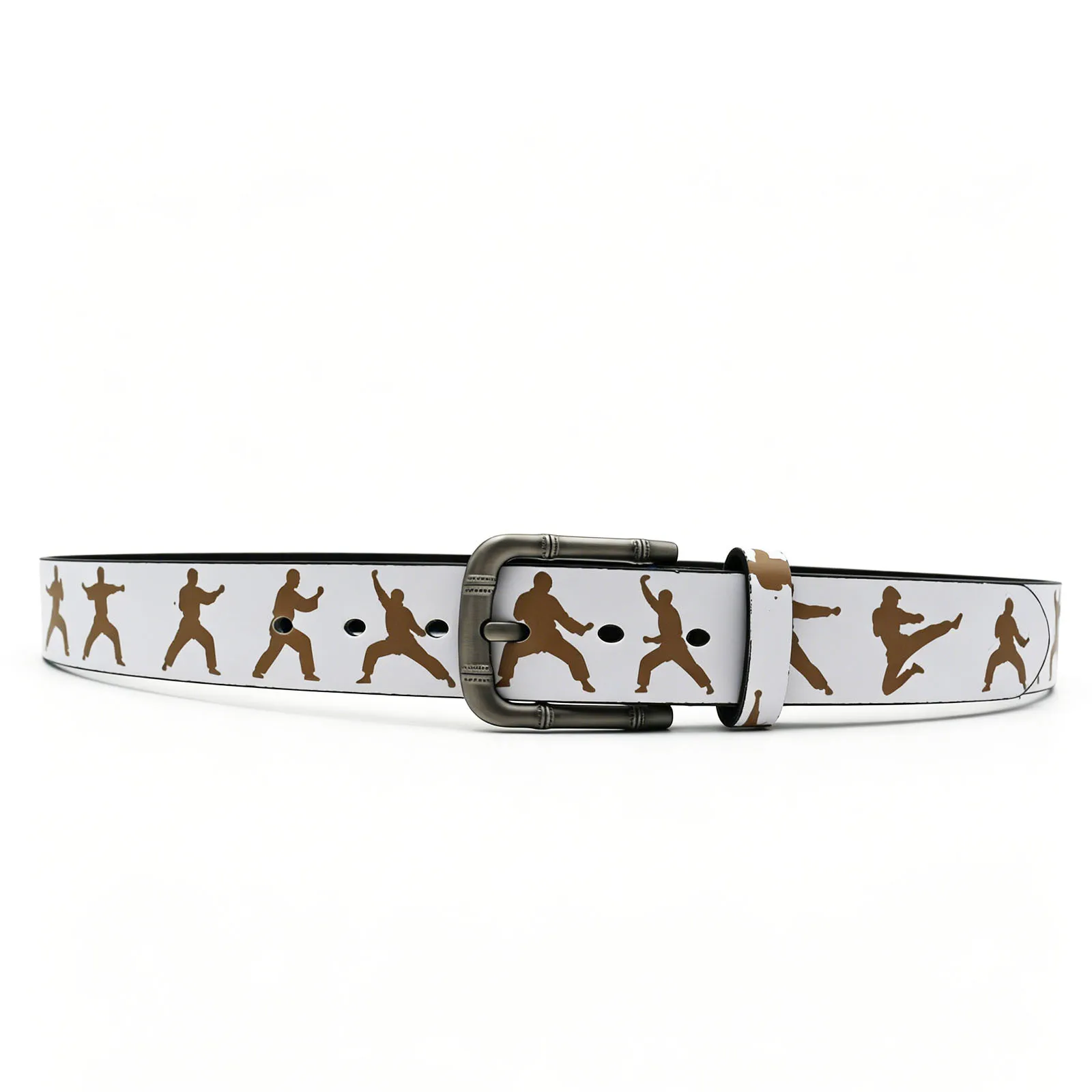 Fashion Retro Kung Fu Martial Arts Silhouette Print White Waist Belt with Metal Pin Buckle Unisex Streetwear Casual Waistband