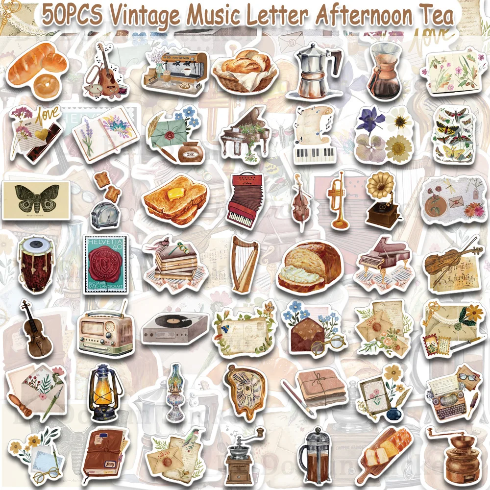 50PCS Retro Music Coffee Time Stickers Musical Instruments Toast Bread Coffee Machine Envelope Beautiful Collection Decoration