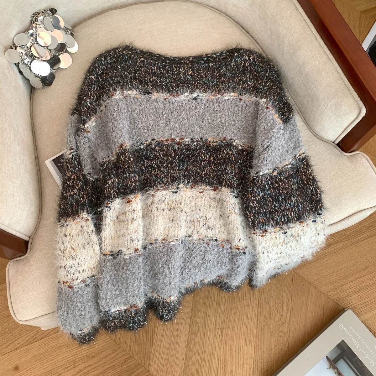 المرأة البني س الرقبة البلوز مخطط الموهير سترة Y2k خمر 2000s أنيقة البلوز متماسكة طويلة الأكمام سترة الخريف الشتاء 2025