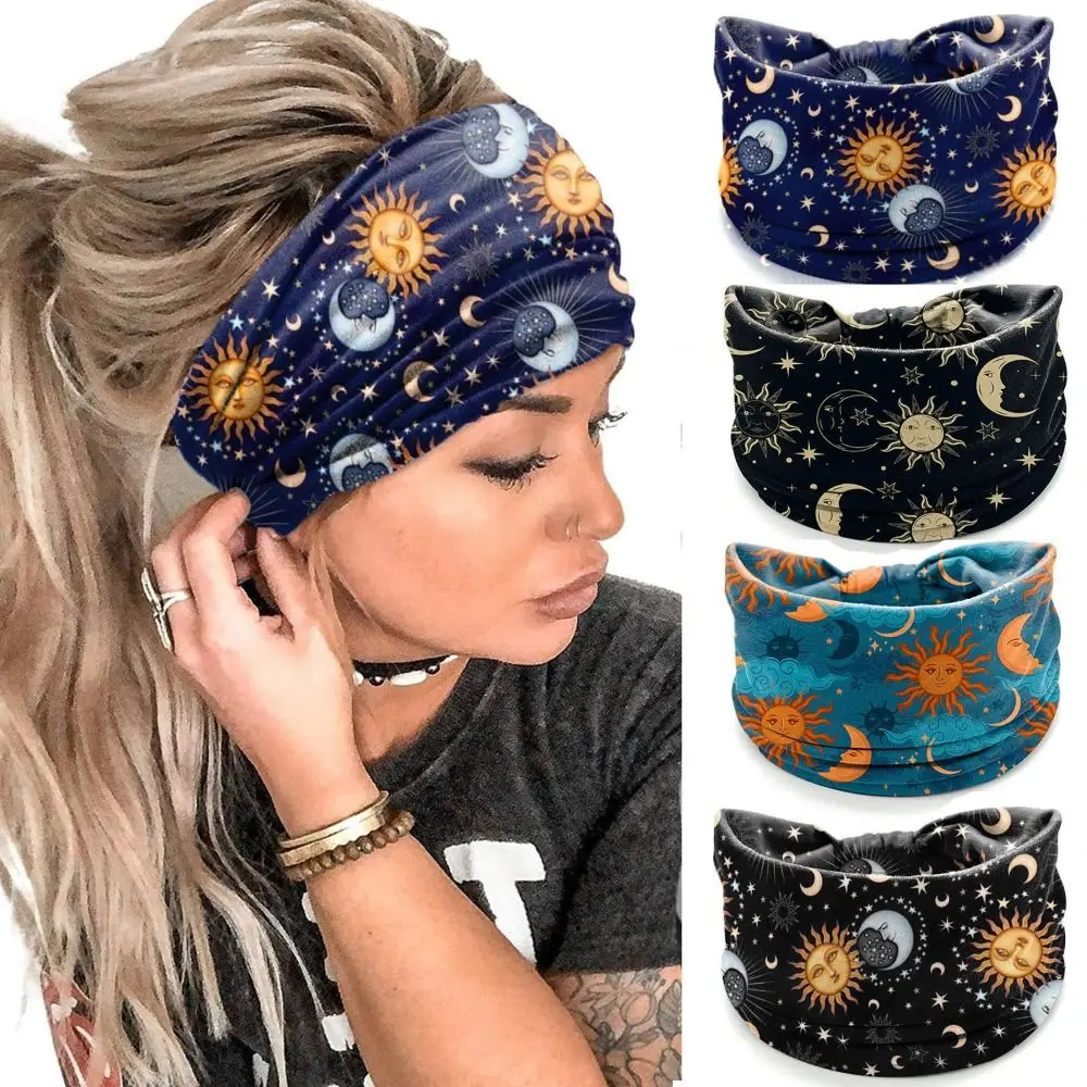 New Elastic Wide Headbands Boho Vintage Knot Printed Headscarf Flower Print Star Printed Hair Accessories Yoga