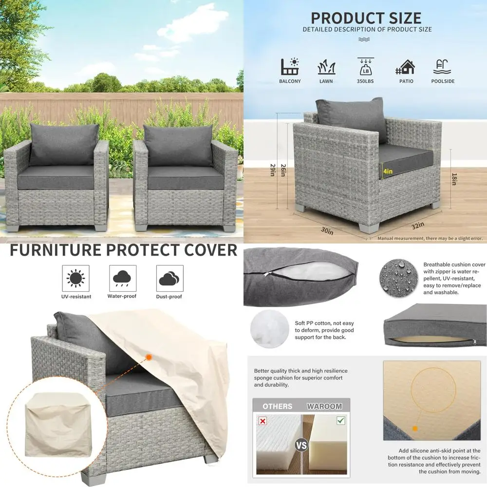 

Outdoor Sofa Wicker Patio Chairs Set of 2, Porch Single Chair Grey Rattan Deep Seating Armchair Balcony Furniture with Grey Cus