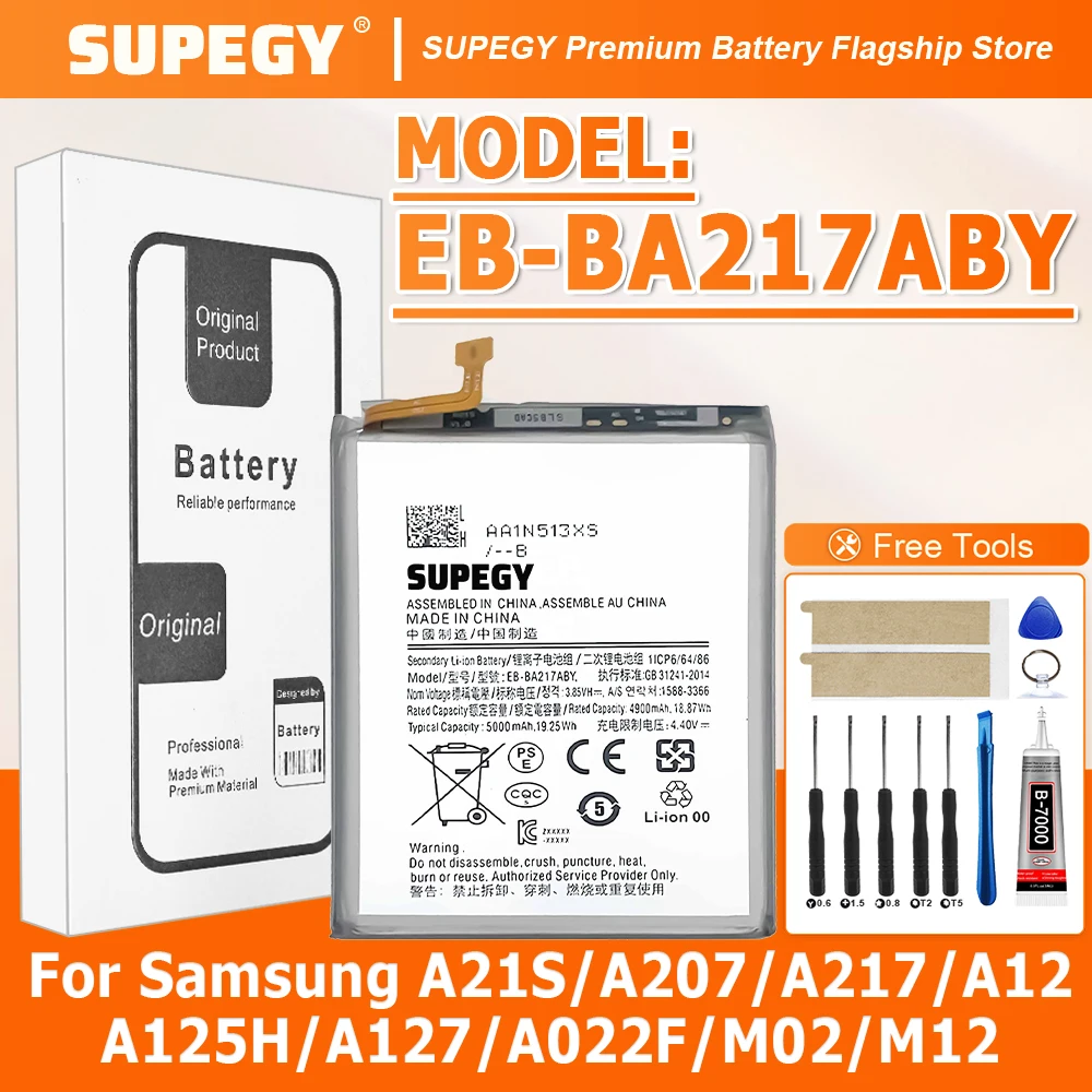SUPEGY 100% New Battery EB-BA217ABY 6000mAh For Samsung A21S/A207/A217/A12/A125H/A127/A022F/M02/M12 Battery +Tools