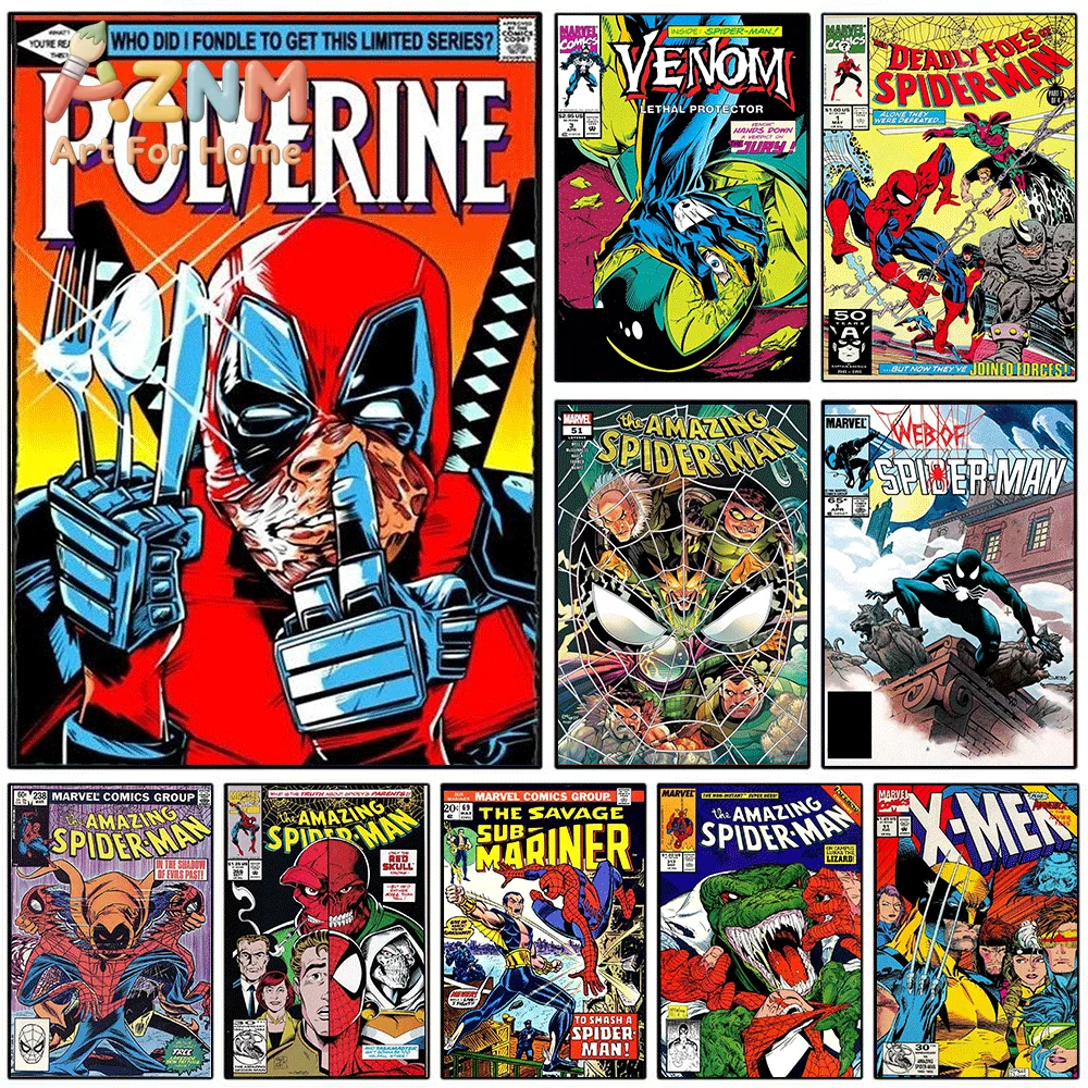 Retro Deadpool Wolverine Comic Canvas Print, Classic Superhero Graphic Art Poster, Frameless Canvas Wall Picture for Man Cave