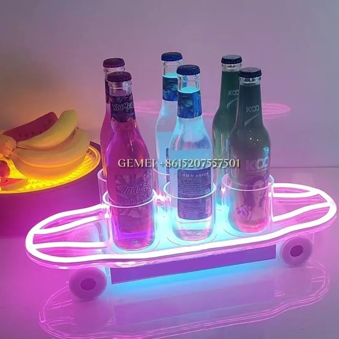 Luxury Illuminated Neon LED Skateboard Bottle Presenter Lighted Wine Beer Bottles Scooter Glorifier Home Bar Table Service Decor