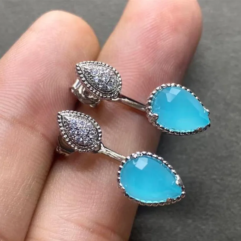 925 Sterling Silver Water Drop Stud Earring For Women Pave Colored Gemstone Fine Jewelry